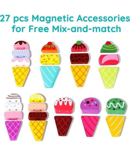 Wooden Ice Cream Truck 28 pcs Magnetic Ice Cream Sweet Treats Pretend Play Food & Accessories Montessori Sorting & Stacking T...