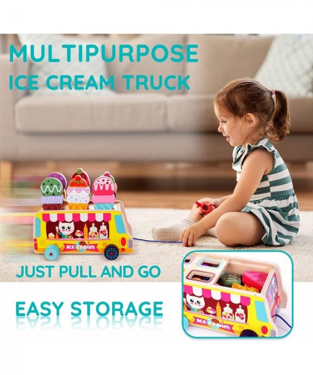 Wooden Ice Cream Truck 28 pcs Magnetic Ice Cream Sweet Treats Pretend Play Food & Accessories Montessori Sorting & Stacking T...