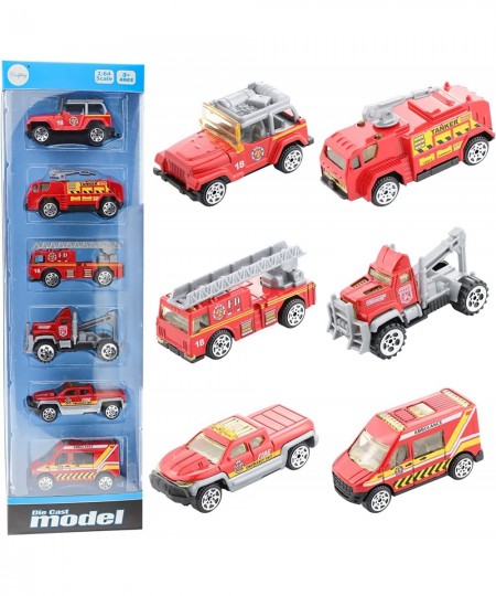 6Pcs Mini Die Cast Car 1/64 Scale Alloy Fire Truck Vehicle Metal Model Toy Set Ladder Truck Water Tower Truck Ambulance Trans...