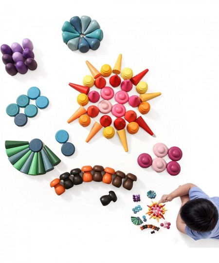 81 PCS Loose Parts Play Materials Wooden Rainbow Stacking Toy for Toddlers Preschool Learning Educational Shape Sorting Senso...