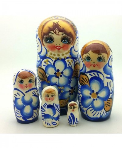 Authentic Russian Nesting Doll Hand Painted 5 Piece Wooden Doll Set 5 inch Tall Blue Gold Color $45.26 - Nesting Dolls