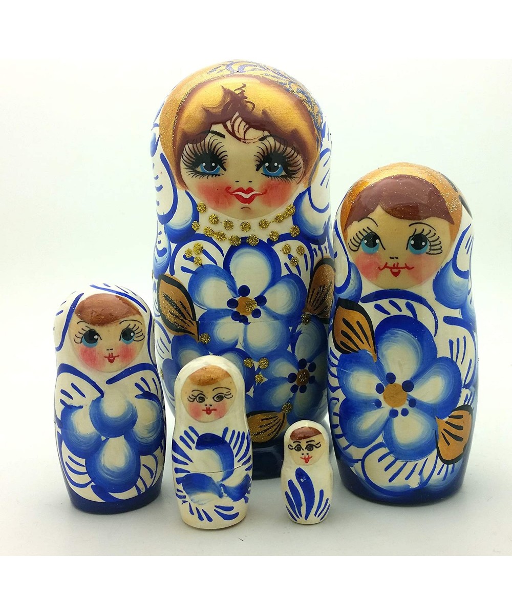 Authentic Russian Nesting Doll Hand Painted 5 Piece Wooden Doll Set 5 inch Tall Blue Gold Color $45.26 - Nesting Dolls