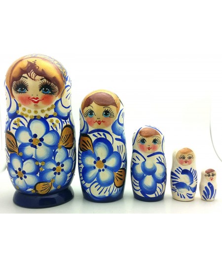 Authentic Russian Nesting Doll Hand Painted 5 Piece Wooden Doll Set 5 inch Tall Blue Gold Color $45.26 - Nesting Dolls