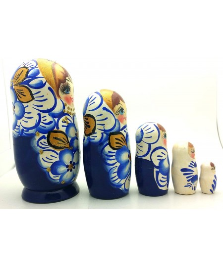 Authentic Russian Nesting Doll Hand Painted 5 Piece Wooden Doll Set 5 inch Tall Blue Gold Color $45.26 - Nesting Dolls