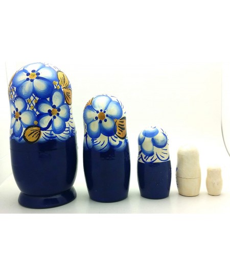 Authentic Russian Nesting Doll Hand Painted 5 Piece Wooden Doll Set 5 inch Tall Blue Gold Color $45.26 - Nesting Dolls