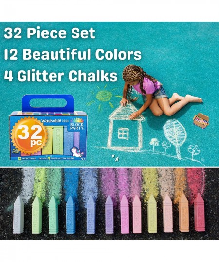 Sidewalk Chalk 32-Piece Art Set - BIG BOLD Colors Includes 4 Glitter Chalk That Sparkle Square Non-Roll Kids Chalk Washable $...