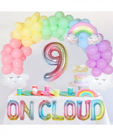 On Cloud 9 Birthday Decorations for Girls Pastel Rainbow Balloon Garland Arch Kit On Cloud 9 Cake Topper/Balloon Banner for S...