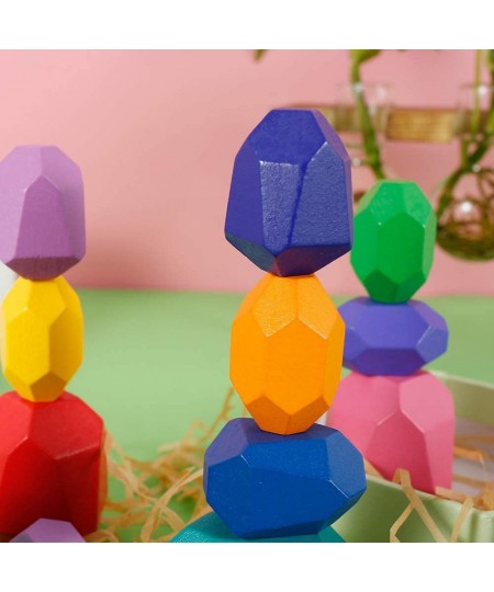 20PCS Wooden Balancing Stacking Stones Rocks Wooden Balancing Building Blocks Colored Stones Stacking Game Rock Blocks Toy Pr...