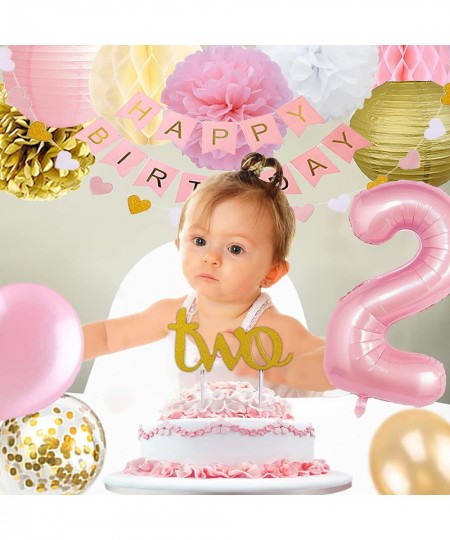 2nd Birthday Girl Decoration Girls Two Birthday Decoration with Happy Birthday Banner Number 2 Balloons for Pink and Gold Par...