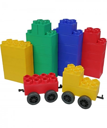 Jumbo Blocks 24PC 2CAR | Made in The USA | 20 Large Blocks | 4 Small Blocks | 4 Colors Red Yellow Green Blue | Plus 2 Train c...