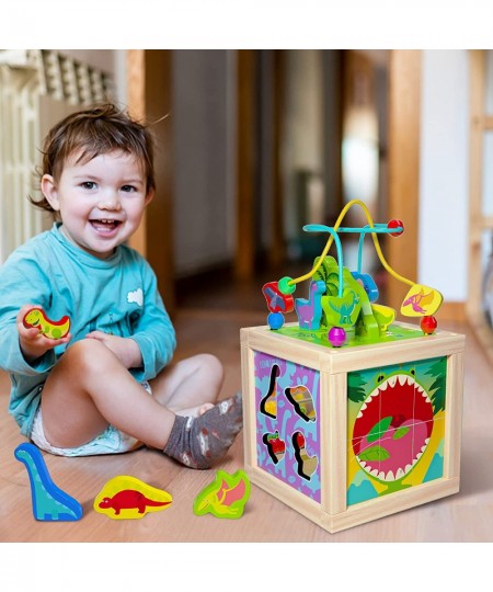 Wooden Baby Activity Cube for Toddlers 1-3 Montessori Toys Bead Maze Dinosaur Center Blocks Shape Sorter Learning Toys 12-18 ...