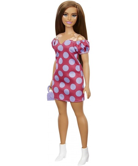 Fashionistas Doll 171 Curvy Vitiligo Long Brunette Hair Off-shoulder Polka Dot Dress Purple Purse White Boots Toy for Kids 3 ...