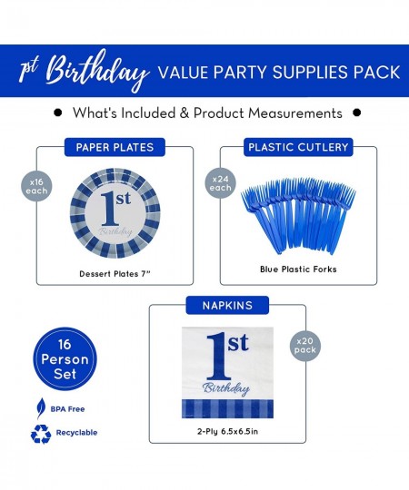 1st Birthday Value Party Supplies Pack (60 Pieces for 16 Guests) - First Birthday Decorations 1st Birthday Boy Party Plates F...