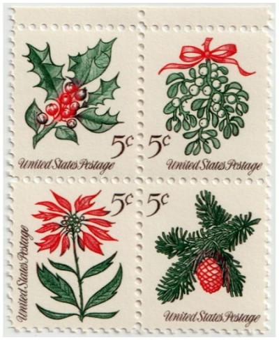 1964 Vintage Christmas Foliage Mistletoe Evergreens Poinsettia Holly Scott 1257 4 x 5¢ US Postage Stamps $13.95 - Collectible...