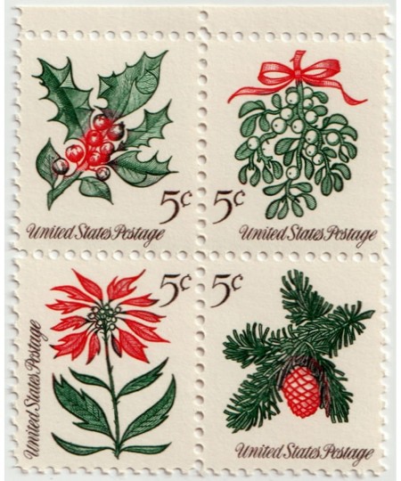 1964 Vintage Christmas Foliage Mistletoe Evergreens Poinsettia Holly Scott 1257 4 x 5¢ US Postage Stamps $13.95 - Collectible...