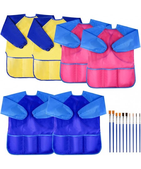 6 Pcs Waterproof Art Smock Kids Art Painting Aprons Long Sleeve with 3 Roomy Pockets and 10 Pcs Painting Brushes Age 2-6 Year...