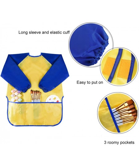 6 Pcs Waterproof Art Smock Kids Art Painting Aprons Long Sleeve with 3 Roomy Pockets and 10 Pcs Painting Brushes Age 2-6 Year...