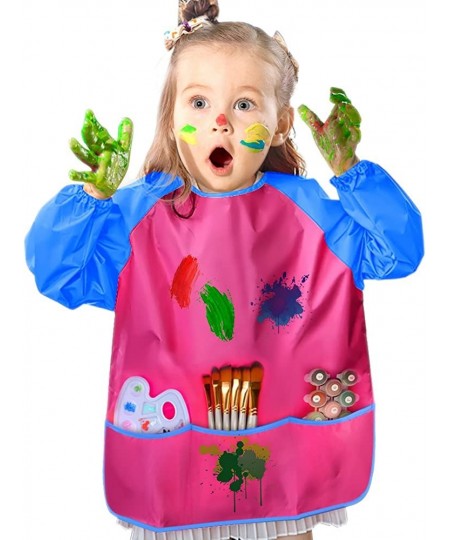 6 Pcs Waterproof Art Smock Kids Art Painting Aprons Long Sleeve with 3 Roomy Pockets and 10 Pcs Painting Brushes Age 2-6 Year...