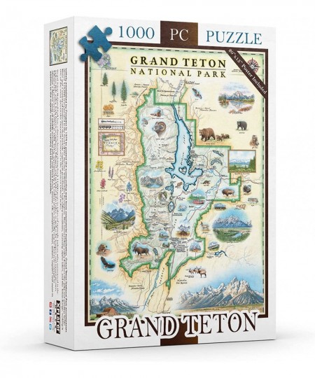 Grand Teton National Park Map Cardboard Jigsaw Puzzle - 1000 Pieces Hand-Illustrated - Educational Family Activity Ages 7+ In...