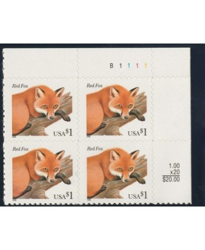 Red Fox Mint Plate Number Block of 4 - 1 Dollar Postage Stamps Scott 3036 $84.79 - Collectibles Display & Storage