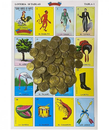 Loteria Mexicana Tradicional Jumbo Don Clemente para 10 Jugadores con 100 Monedas - Jumbo Size Mexican Bingo Set with 100 Cou...