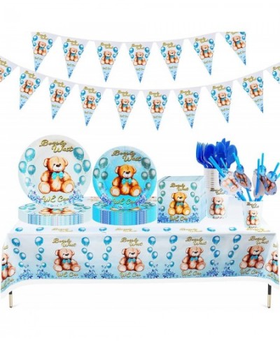 80Pcs Teddy Bear Birthday Party Supplies Set Plates Napkins Cups Knives Spoons Forks Table Cloth Pennant for Bear Baby Themed...