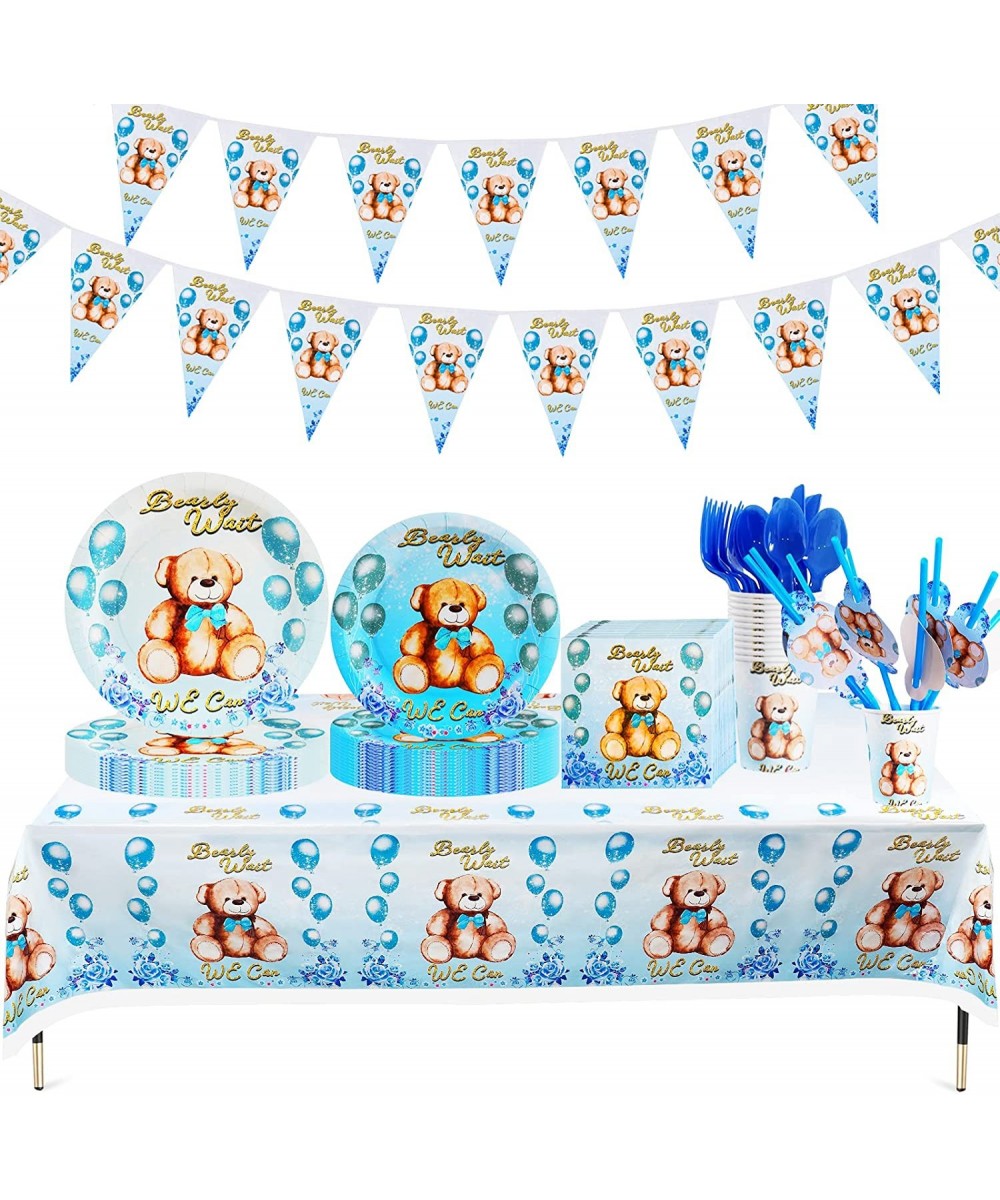 80Pcs Teddy Bear Birthday Party Supplies Set Plates Napkins Cups Knives Spoons Forks Table Cloth Pennant for Bear Baby Themed...