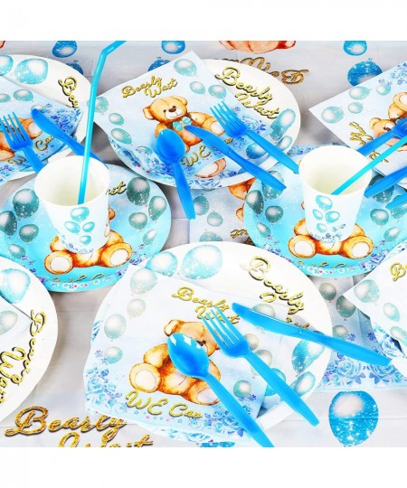 80Pcs Teddy Bear Birthday Party Supplies Set Plates Napkins Cups Knives Spoons Forks Table Cloth Pennant for Bear Baby Themed...