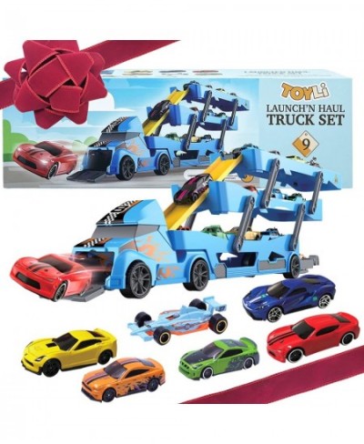 Vehicle Playset Toy Car Hauler Carrier Truck with Track Launcher 6 Metal Die-Cast Vehicles Auto Transporter Semi Truck and Ra...