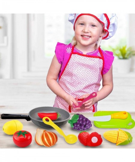 Play Cooking Pan with Cutting Fruits & Vegetables Apron and Chef Hat and Play Utensils - Slice up Food with Knife & Cutting B...