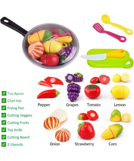 Play Cooking Pan with Cutting Fruits & Vegetables Apron and Chef Hat and Play Utensils - Slice up Food with Knife & Cutting B...