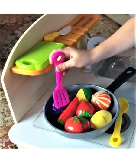 Play Cooking Pan with Cutting Fruits & Vegetables Apron and Chef Hat and Play Utensils - Slice up Food with Knife & Cutting B...