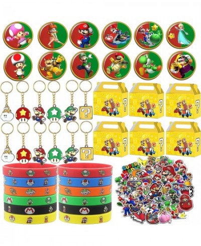 96 pcs Mario Birthday Party Favors Party Supplies Includes 12 Alloy Keychains 12 Bracelets 12 Button Pins 10 Gift Box 50 Piec...