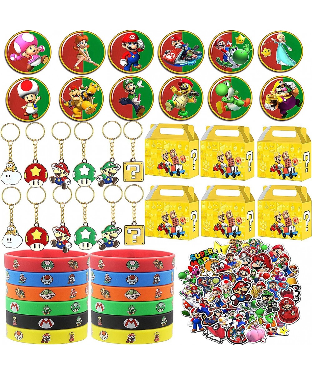 96 pcs Mario Birthday Party Favors Party Supplies Includes 12 Alloy Keychains 12 Bracelets 12 Button Pins 10 Gift Box 50 Piec...