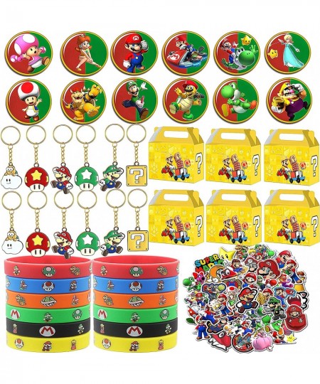 96 pcs Mario Birthday Party Favors Party Supplies Includes 12 Alloy Keychains 12 Bracelets 12 Button Pins 10 Gift Box 50 Piec...