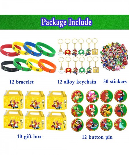 96 pcs Mario Birthday Party Favors Party Supplies Includes 12 Alloy Keychains 12 Bracelets 12 Button Pins 10 Gift Box 50 Piec...