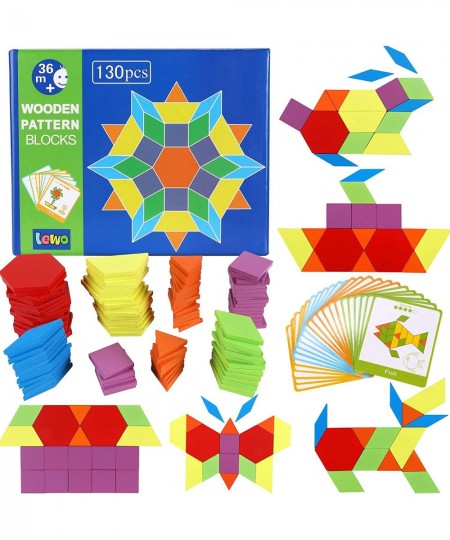 Wooden Pattern Blocks Montessori Tangrams Toys for Kids Ages 4-8 Educational Kindergarten Shape Puzzles with 24 Design Cards ...