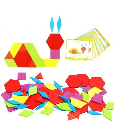 Wooden Pattern Blocks Montessori Tangrams Toys for Kids Ages 4-8 Educational Kindergarten Shape Puzzles with 24 Design Cards ...