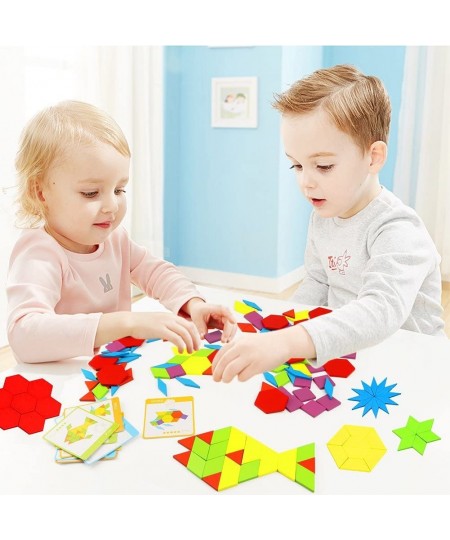 Wooden Pattern Blocks Montessori Tangrams Toys for Kids Ages 4-8 Educational Kindergarten Shape Puzzles with 24 Design Cards ...