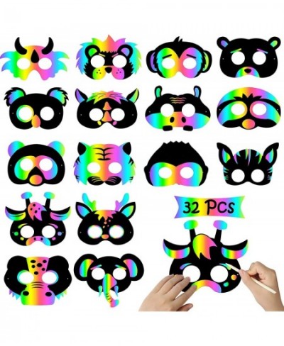 32Pcs Scratch Paper Animal Masks DIY Rainbow Color Mask for Magic Scratch Party Favors Birthday Gifts Pack for Children DIY A...