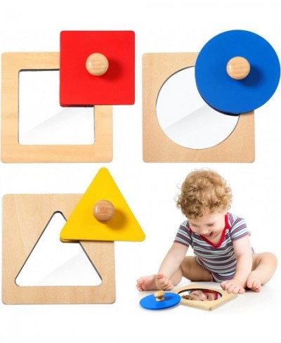 Montessori Mirror 3 Pieces Colorful Peekaboo Knob Puzzle Multiple Baby Mirror Toy Jumbo Knob Wooden Puzzle Geometric Shape Pu...