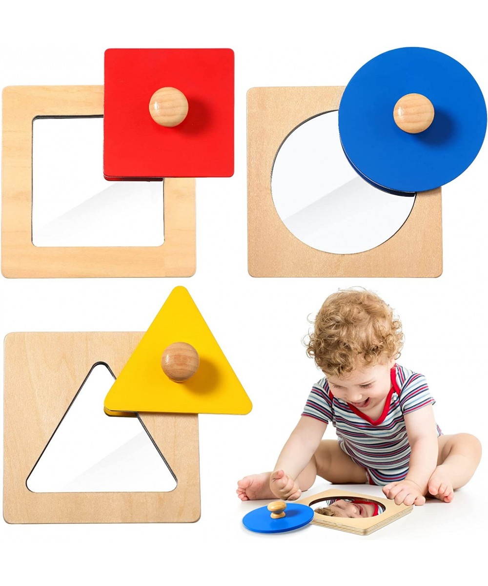 Montessori Mirror 3 Pieces Colorful Peekaboo Knob Puzzle Multiple Baby Mirror Toy Jumbo Knob Wooden Puzzle Geometric Shape Pu...