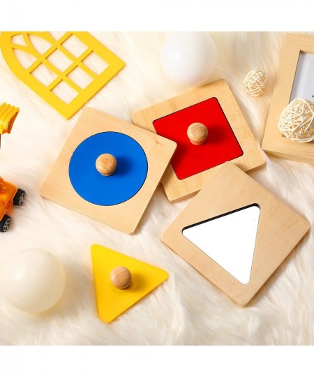 Montessori Mirror 3 Pieces Colorful Peekaboo Knob Puzzle Multiple Baby Mirror Toy Jumbo Knob Wooden Puzzle Geometric Shape Pu...