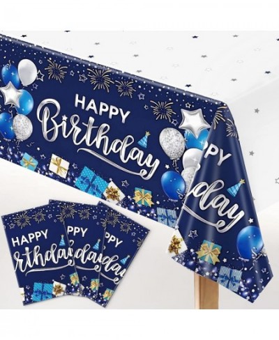 3 Pcs Navy Blue and Silver Birthday Tablecloth for Happy Birthday Party Decorations Plastic Disposable Table Cover for Boys G...