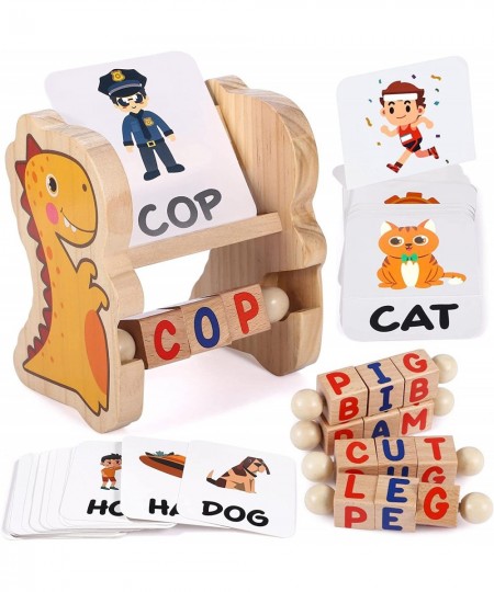 Wooden Reading Blocks Spelling Games with Sight Word Flash Cards Turning Rotating Letters Dinosaur Toy Preschool Spinning Alp...