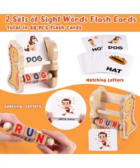 Wooden Reading Blocks Spelling Games with Sight Word Flash Cards Turning Rotating Letters Dinosaur Toy Preschool Spinning Alp...