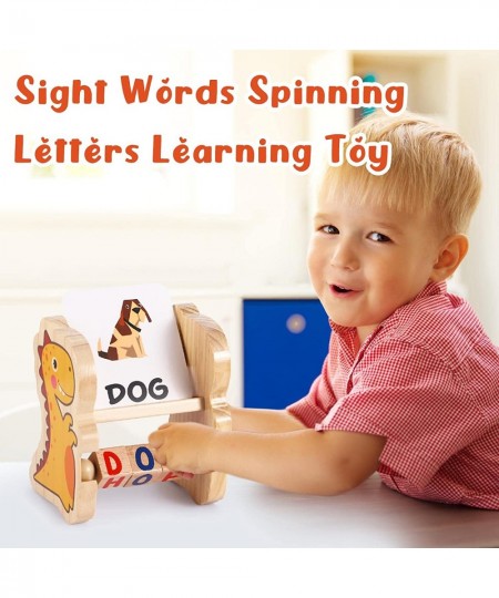 Wooden Reading Blocks Spelling Games with Sight Word Flash Cards Turning Rotating Letters Dinosaur Toy Preschool Spinning Alp...