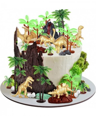 28 Pcs Metallic Gold Dinosaur Cake Topper Jurassic Dinosaur Cake Decorations Toppers Party Supplies with Realistic Dinosaurs ...