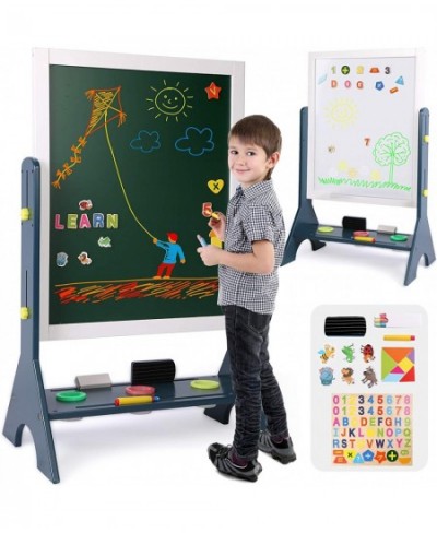 Kids 2-in-1 Wooden Art Easel Double-Sided Magnetic Adjustable Standing Easel Big Writing and Drawing Whiteboard & Chalkboard ...