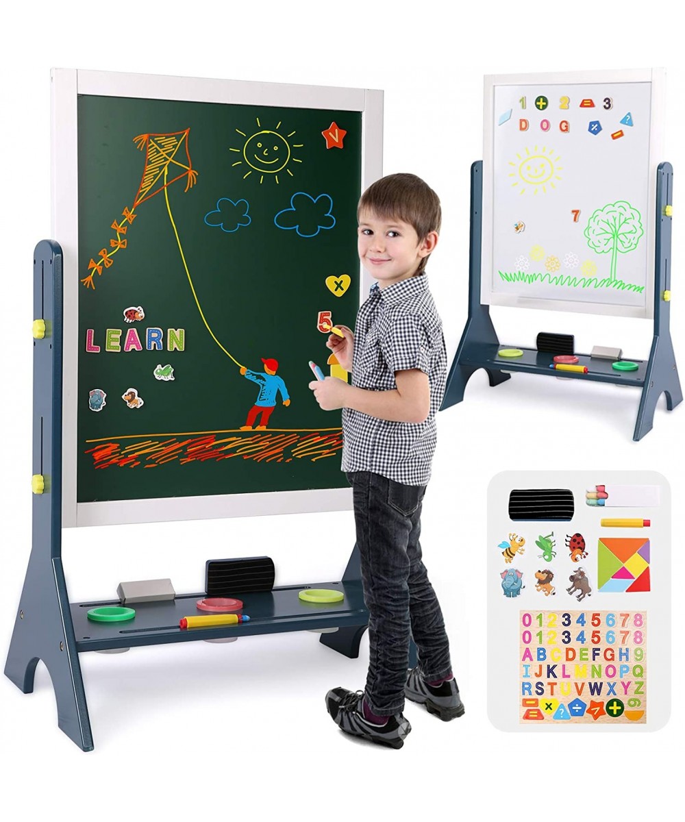 Kids 2-in-1 Wooden Art Easel Double-Sided Magnetic Adjustable Standing Easel Big Writing and Drawing Whiteboard & Chalkboard ...